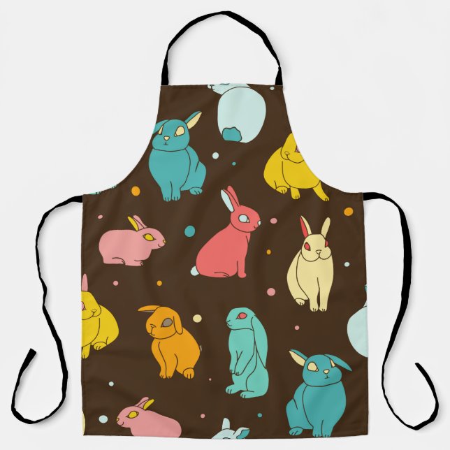 Multi-coloured, different rabbits, hares on a dark apron (Front)