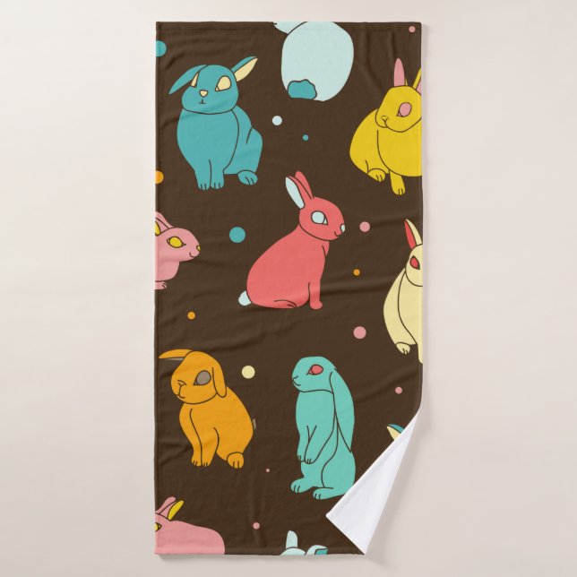 Multi-coloured, different rabbits, hares on a dark bath towel (Bath Towel)