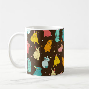 Multi-coloured, different rabbits, hares on a dark coffee mug