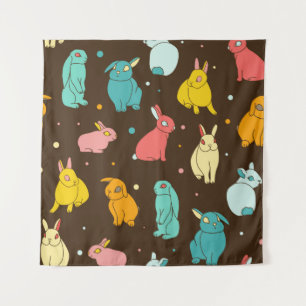 Multi-coloured, different rabbits, hares on a dark tapestry