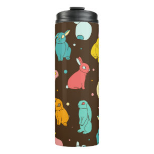 Multi-coloured, different rabbits, hares on a dark thermal tumbler