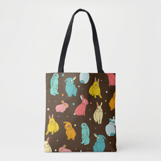 Multi-coloured, different rabbits, hares on a dark tote bag (Front)