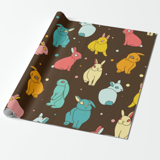 Multi-coloured, different rabbits, hares on a dark wrapping paper (Unrolled)