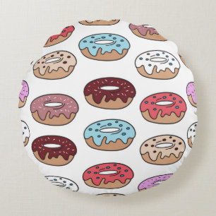Multi-coloured doughnuts hand drawn seamless patte round cushion