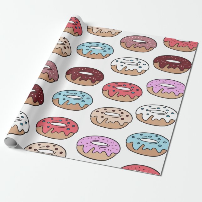 Multi-coloured doughnuts hand drawn seamless patte wrapping paper (Unrolled)