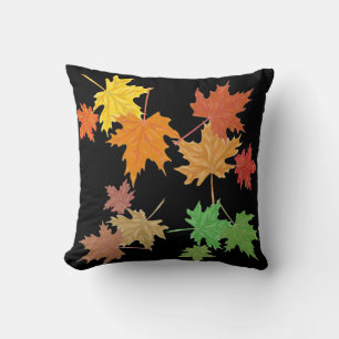 Multi-Coloured Fall Leaves Black Cushion
