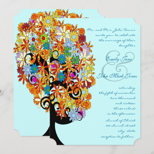 Multi Coloured Flower  Love Tree Wedding Invitatio Invitation (Front/Back)