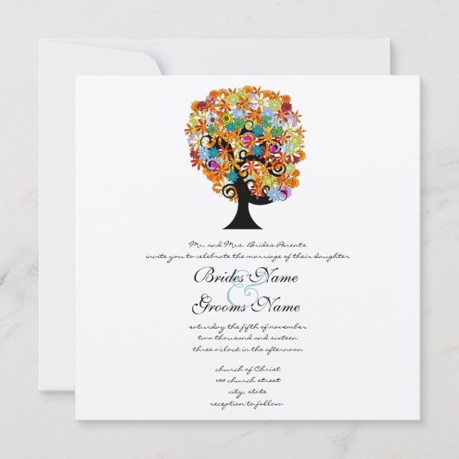 Multi Coloured Flower  Love Tree Wedding Invitatio Invitation (Front)