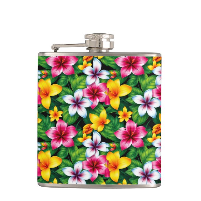 Multi-coloured Flowers and Leaves Pattern-57577 Hip Flask (Front)