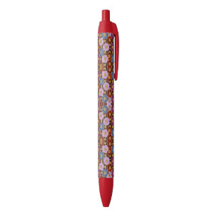Multi-Coloured Flowers Pattern Black Ink Pen