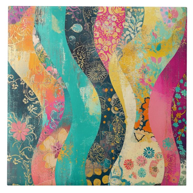Multi-Coloured Flowers Wave Ceramic Tile (Front)