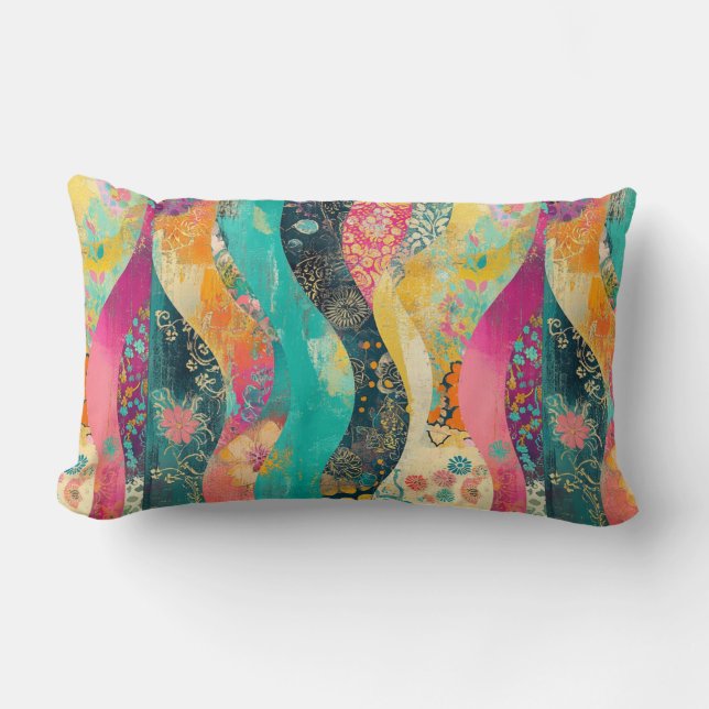 Multi-Coloured Flowers Wave Lumbar Cushion (Front)