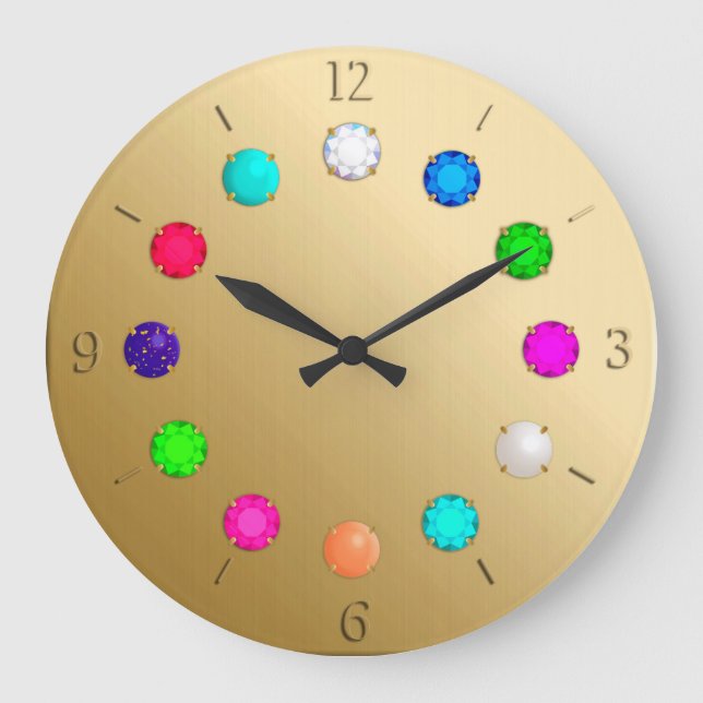 Multi Coloured Gemstones on Brushed Gold Large Clock (Front)