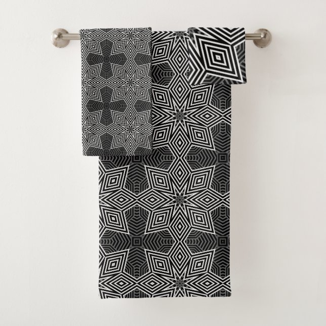 Multi-coloured geometric pattern retro bath towel set (Insitu)