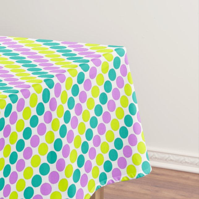 Multi coloured large polka dots retro sixties tablecloth (In Situ)