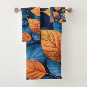 Multi-coloured leaf pattern bath towel set