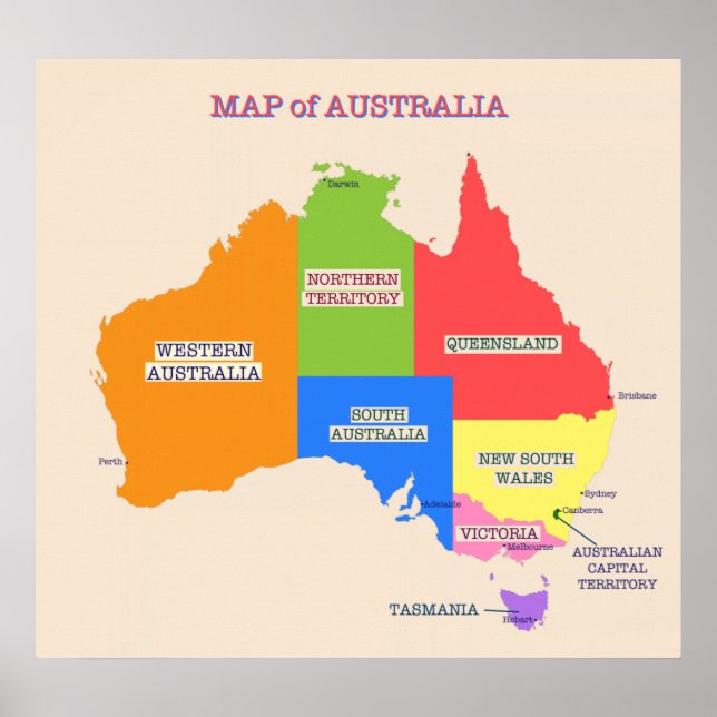 Multi-Coloured Map of Australia Poster (Front)
