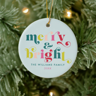 Multi Coloured Modern Merry & Bright Christmas Cer Ceramic Ornament