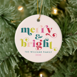 Multi Coloured Modern Merry & Bright Christmas Ceramic Ornament