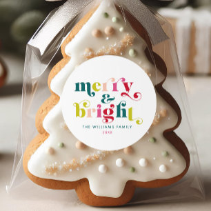 Multi Coloured Modern Merry & Bright Christmas Classic Round Sticker