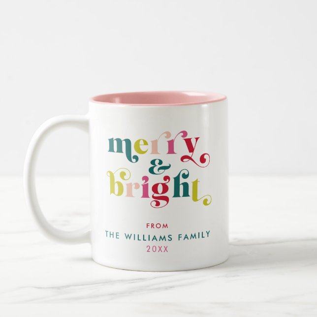 Multi Coloured Modern Merry & Bright Christmas Two-Tone Coffee Mug (Left)