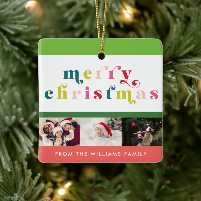 Multi Coloured Modern Merry Christmas Photo Ceramic Ornament (Tree)