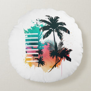 multi-coloured palm tree in retro style hand-drawn round cushion