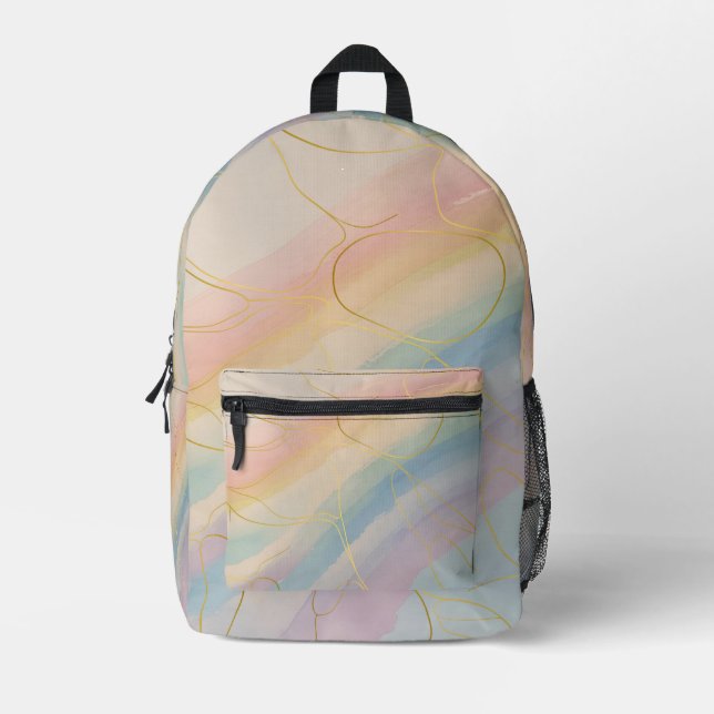 Multi-coloured Pastel Bookbag With Gold Lines Printed Backpack (Front)