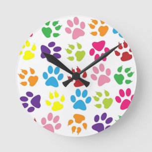 Multi-Coloured Paw Prints Round Clock