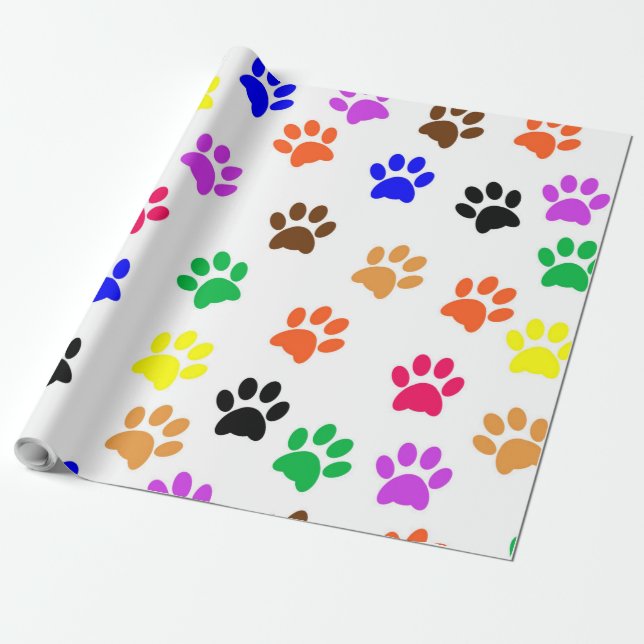 Multi-Coloured Paws Print Pattern Wrapping Paper (Unrolled)