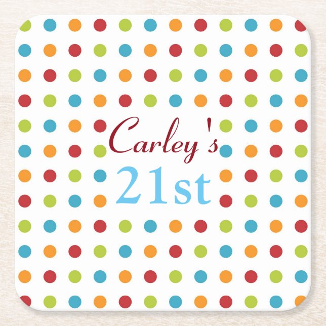 Multi-Coloured Polka Dot Square Paper Coaster (Front)