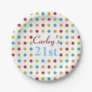 Multi-Coloured Polka Dots 21st Custom Birthday Paper Plate