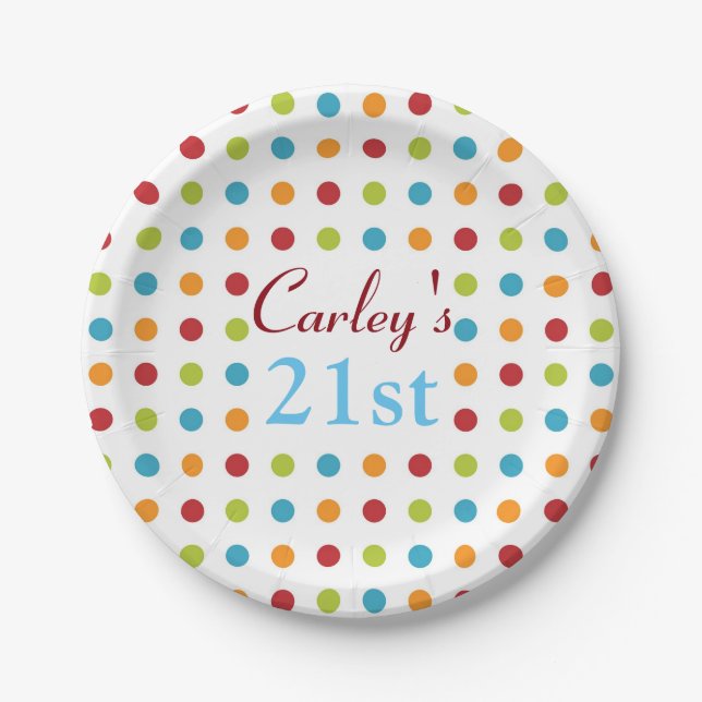 Multi-Coloured Polka Dots 21st Custom Birthday Paper Plate (Front)
