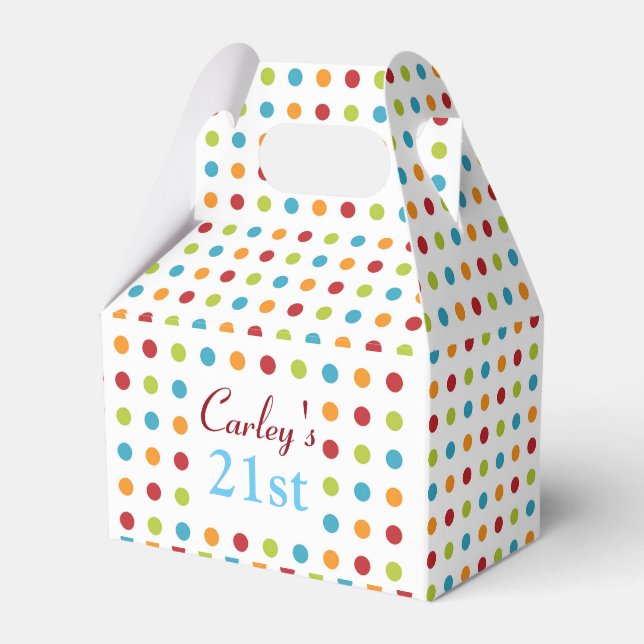 Multi-Coloured Polka Dots Custom 21st Birthday Favour Box (Front Side)