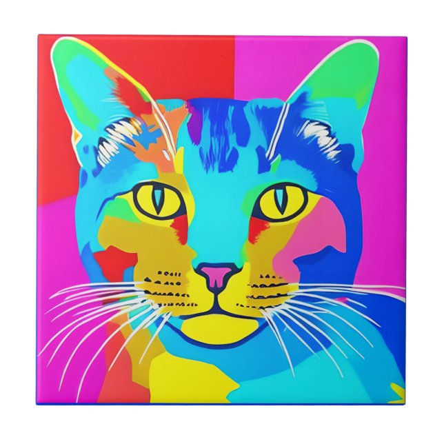 Multi Coloured Pop Art Cat Portrait   Ceramic Tile (Front)