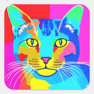 Multi Coloured Pop Art Cat Portrait Square Sticker