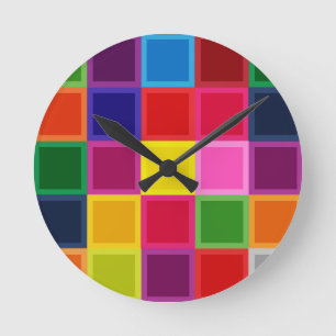 Multi Coloured Squares and Stripes Girly Round Clock