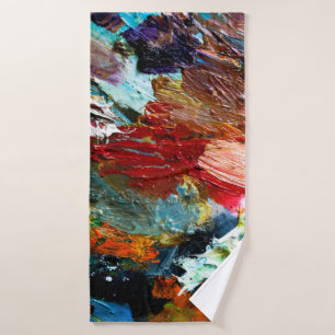 multi-coloured strokes of oil paint on the artist' bath towel