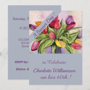 Multi Coloured Tulip Watercolor Birthday Floral Invitation