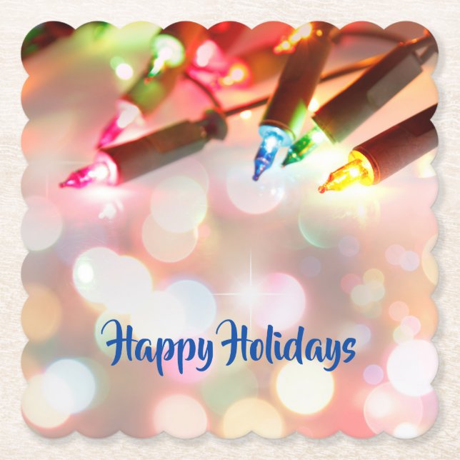 Multi-coloured Twinkle Lights Christmas, bokeh, Paper Coaster (Front)