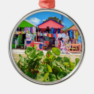 Multi Coloured Wood Cottages   Long Bay Beach Metal Ornament