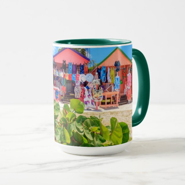 Multi Coloured Wood Cottages | Long Bay Beach Mug (Front Right)