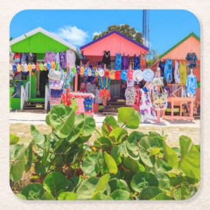 Multi Coloured Wood Cottages Long Bay Beach Square Paper Coaster