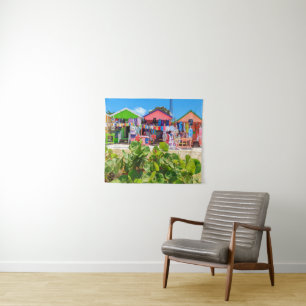 Multi Coloured Wood Cottages   Long Bay Beach Tapestry