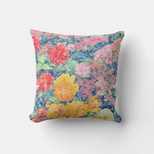 Multi Coloured Zinnia Sedum Painterly-Blue accents Cushion