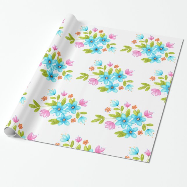 Multi Colourful Watercolor Bouquet Pattern Wrapping Paper (Unrolled)