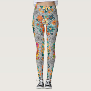 Multi-colours flower pots pattern. black Grey BG Leggings