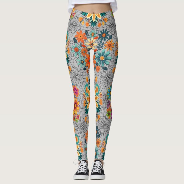 Multi-colours flower pots pattern. black Grey BG Leggings (Front)