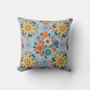 Multi-colours flower pots pattern. black L Blue BG Cushion