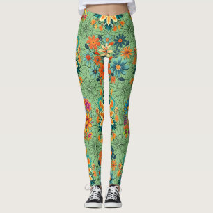 Multi-colours flower pots pattern. black L Green B Leggings